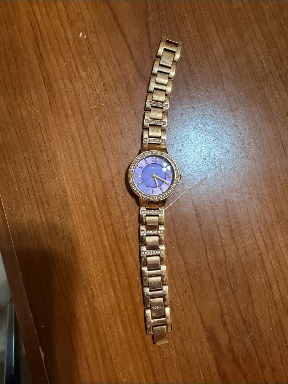 Fossil Rose Gold Bracelet Watch with Lavender Dial and Crystal Accents